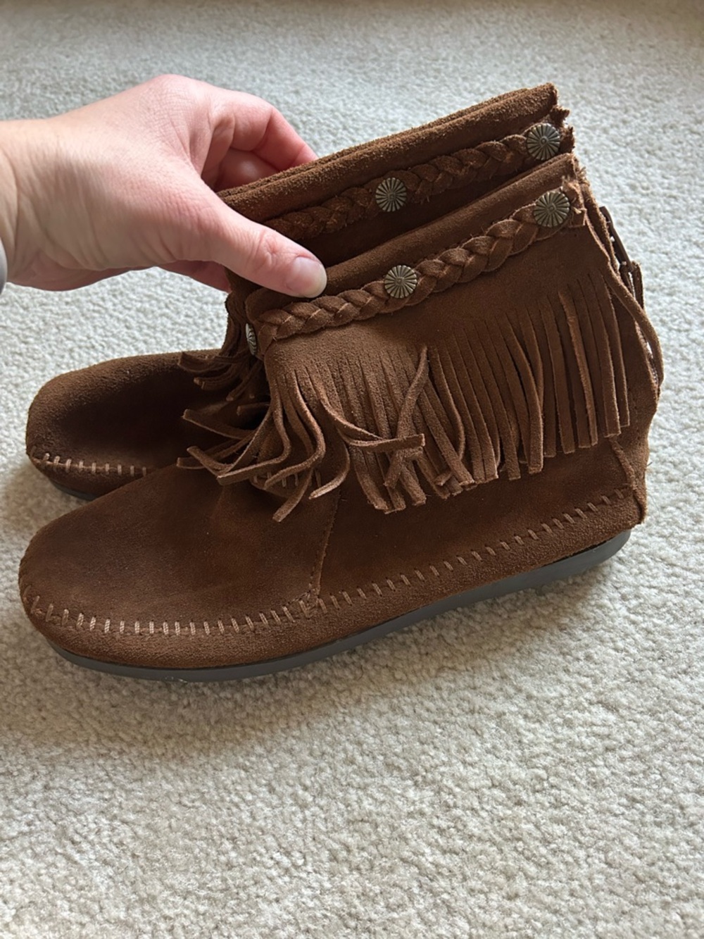 Minnetonka Brown Suede Fringe Moccasin Bootie